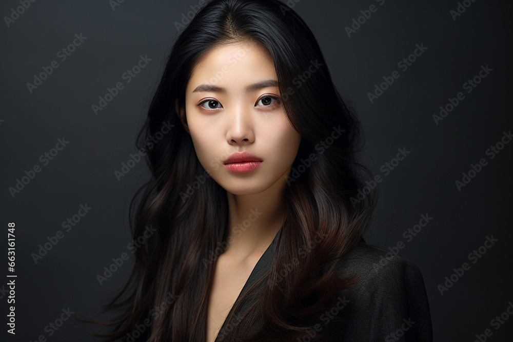 Naklejka premium a Korean woman top model. long black hair. dark background, dark style. prety. beatiful woman asian. 