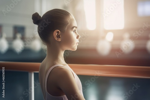 Little ballerina with bun hairstyle. Little girl at ballet studio lesson. Generate ai photo