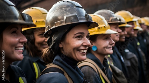 Smiling miners, a group of female workers at a mining plant.