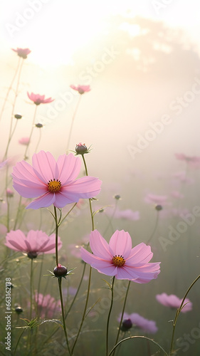 vertical background delicate pink flowers, wild field daisies in the morning mist, spring landscape view