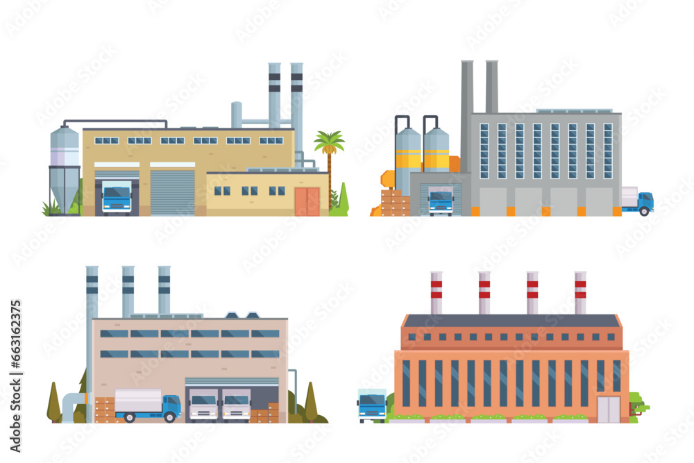 factory buildings vector illustration collection. Flat design front view concept for city illustration factory buildings vector illustration collection. Flat design front view concept for city illustration