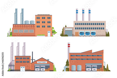 factory buildings vector illustration collection. Flat design front view concept for city illustration