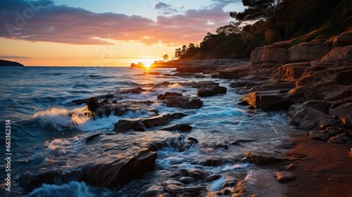 seascape with rocks and sunset sky