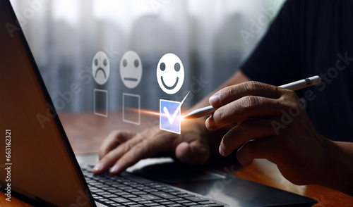 Satisfaction evaluation concept, product provider, good service, blue check box to complete customer feedback for rating response with very satisfied smiley face option in check box.