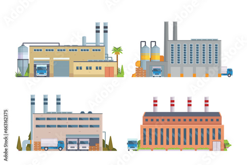 factory buildings vector illustration collection. Flat design front view concept for city illustration