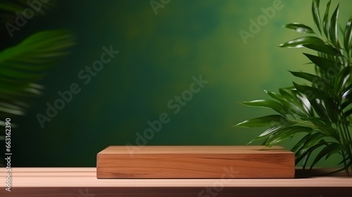 Product Presentation Elegance. Wooden podium  green backdrop  and natural daylight 