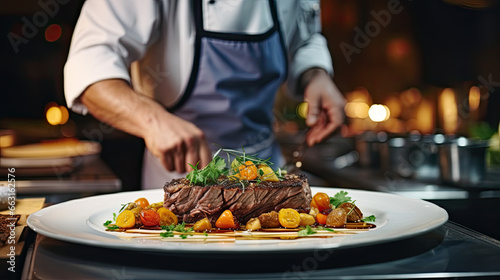 Chef serving steak with vegetables on a white plate in a restaurant