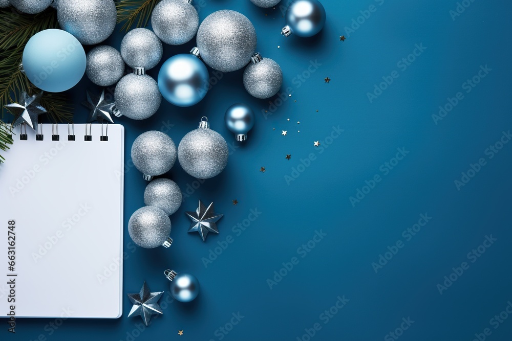 Christmas blue background with blank paper and blue metallic decorations on a table. Top view Christmas blue background with blank paper and blue metallic decorations on a table. Top view