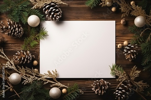 Christmas background with blank paper and decorations on a wooden table.