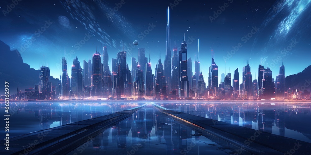 A futuristic night city in the distance glowing with neon light. Surrealistic skyscrapers. Cyberpunk, immersive world of the metaverse A futuristic night city in the distance glowing with neon light. Surrealistic skyscrapers. Cyberpunk, immersive world of the metaverse