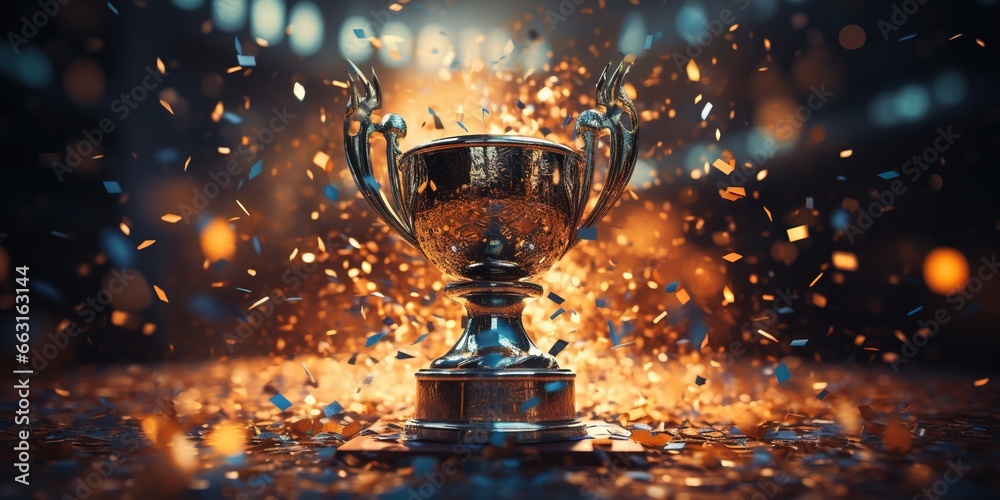 A winners trophy with celebration confetti and glitter in a sports stadium. Winning team concept A winners trophy with celebration confetti and glitter in a sports stadium. Winning team concept