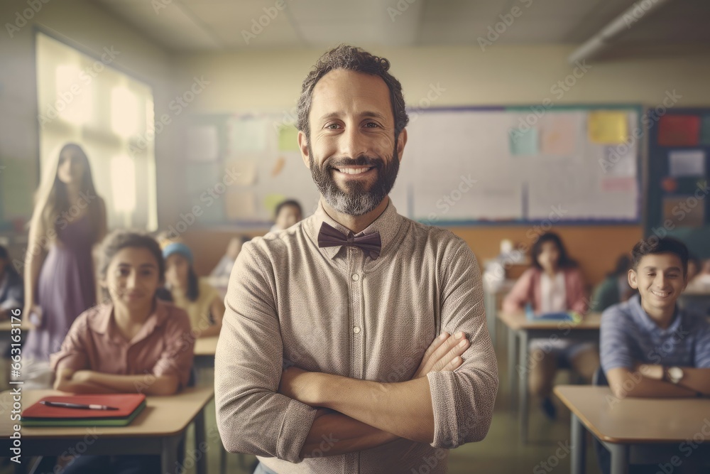Smiling male teacher. Man teacher posing in front of classroom. Generate ai