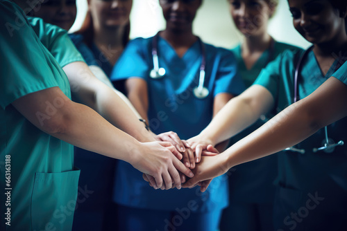 several nurses in a row holding their hands together in a circle