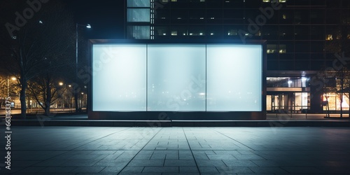 Blank white advertising billboard on a office building wall at night, mockup.