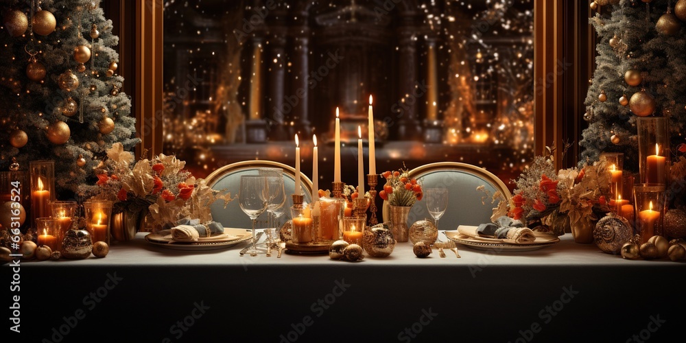 Christmas Eve Dinner with decorated table, Mockups Design, High - quality Mockups