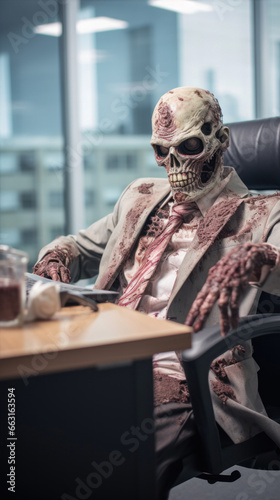 Zombie businessman working late at night in office. Halloween concept.