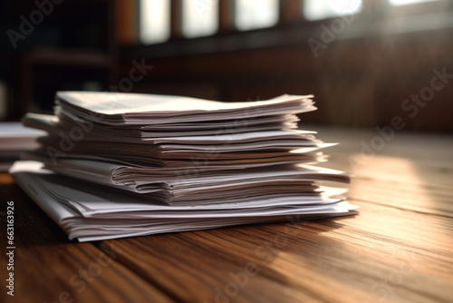 Business concept. Stack of papers or documents placed on wooden table. Abstract office background with copy space. Generative AI