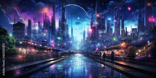 Cyberpunk streets illustration  futuristic city  dystoptic artwork at night