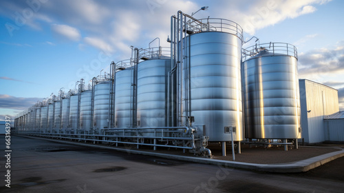 Modern wine factory with large shine tanks for the fermentation.