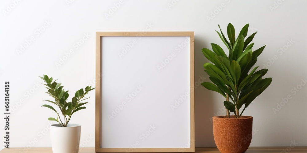 Empty square frame mockup in modern minimalist interior with potted houseplants on white wall background