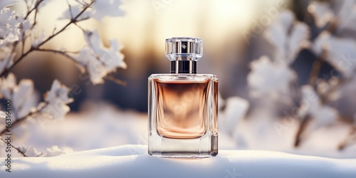 Empty perfume bottle mockup against snow and winter background for cosmetic branding.