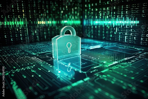 Cyber security concept with padlock on digital background 3D rendering, Data Privacy Protection Business Technology Privacy concept on virtual screen, AI Generated