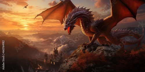 Fantasy illustration with a dragon in the mountains at sunset. © Coosh448