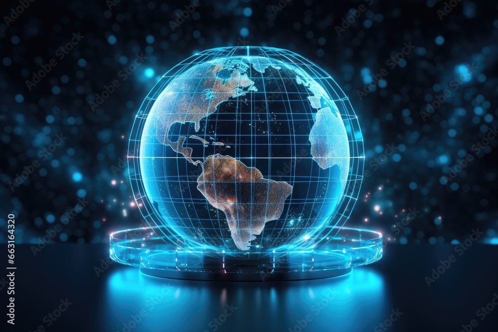 Globe with glowing dots and lines on dark background. 3D rendering ...