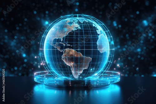Globe with glowing dots and lines on dark background. 3D rendering, Data transfer through global network infrastructure, Digital communication system on a globe hologram, AI Generated
