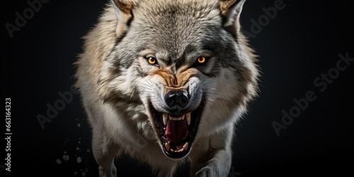 Front view of ferocious looking Wolf animal looking at the camera with mouth open isolated on a transparent background