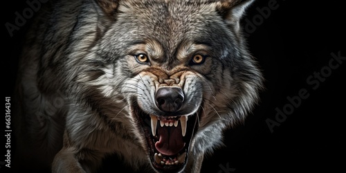 Front view of ferocious looking Wolf animal looking at the camera with mouth open isolated on a transparent background