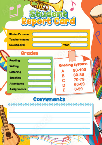 Cartoon Style Music Instruments Theme Student Report Card