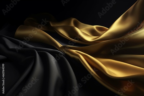Luxurious fabric falls elegantly with copy space. Dark background enhances golden silk's elegance. Promotional 3D template. Generative AI