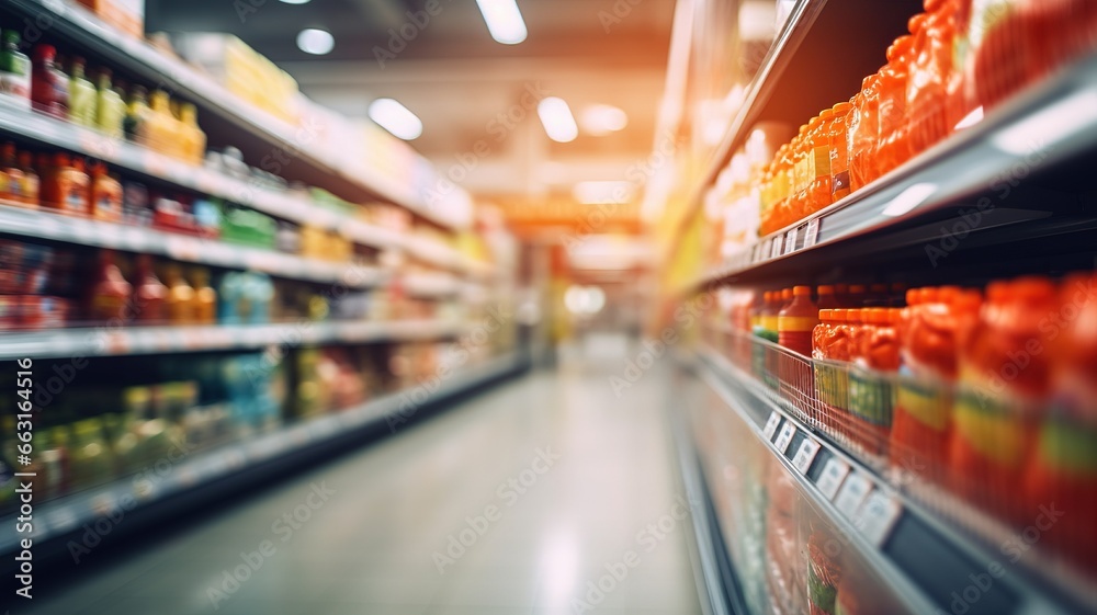 Blurred background grocery supermarket. shopping mall background, business concept copy space. Supermarket aisle and shelves blur background AI. - obrazy, fototapety, plakaty 