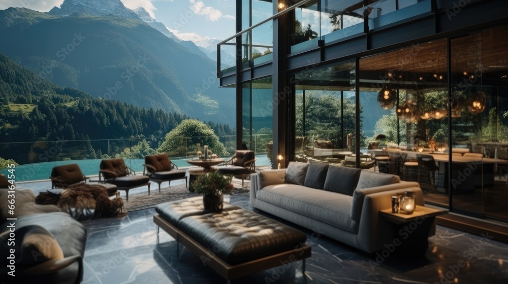 Luxury hotel in the mountains with the beautiful view. - obrazy, fototapety, plakaty 