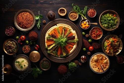 Mexican food background. Top view of traditional mexican food on wooden table, Delicious food for a Ramadan feast in the table, top view, AI Generated