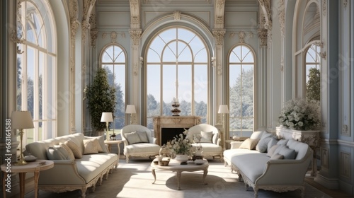 Luxury living room with Arch windows mirror and plaster mouldings. photo