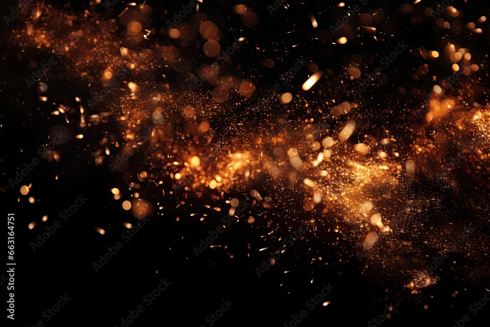 Abstract gold sparkles on black background. Gold glittering sparks on black background, Detail of fire sparks isolated on black background, AI Generated