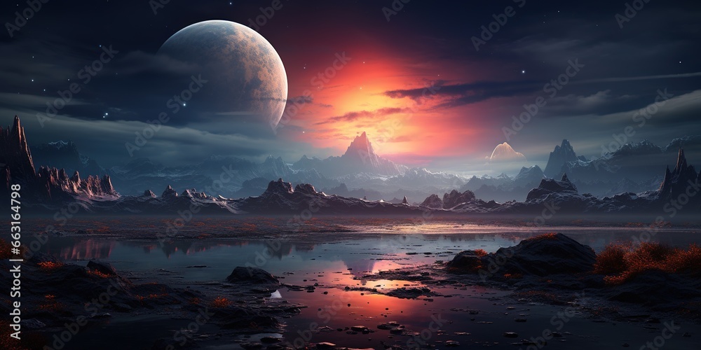 Landscape of an alien planet, view of another planet surface, science fiction background. - obrazy, fototapety, plakaty 