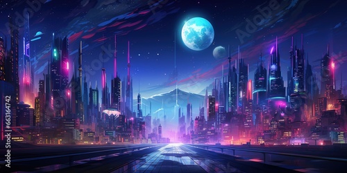 Illustration of the futuristic city in the style of cyberpunk. Empty street with colorful neon lights. Beautiful night cityscape.