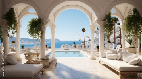 Luxury villa on the coast in the style of light-filled interiors, arched doorways. © visoot