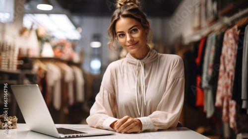 Woman managing a clothing store using a laptop in her small business.