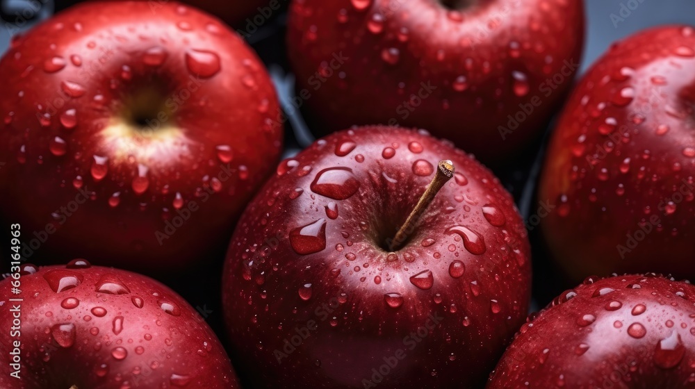 Many red apples with water drops on them. Many red apples with water drops on them.