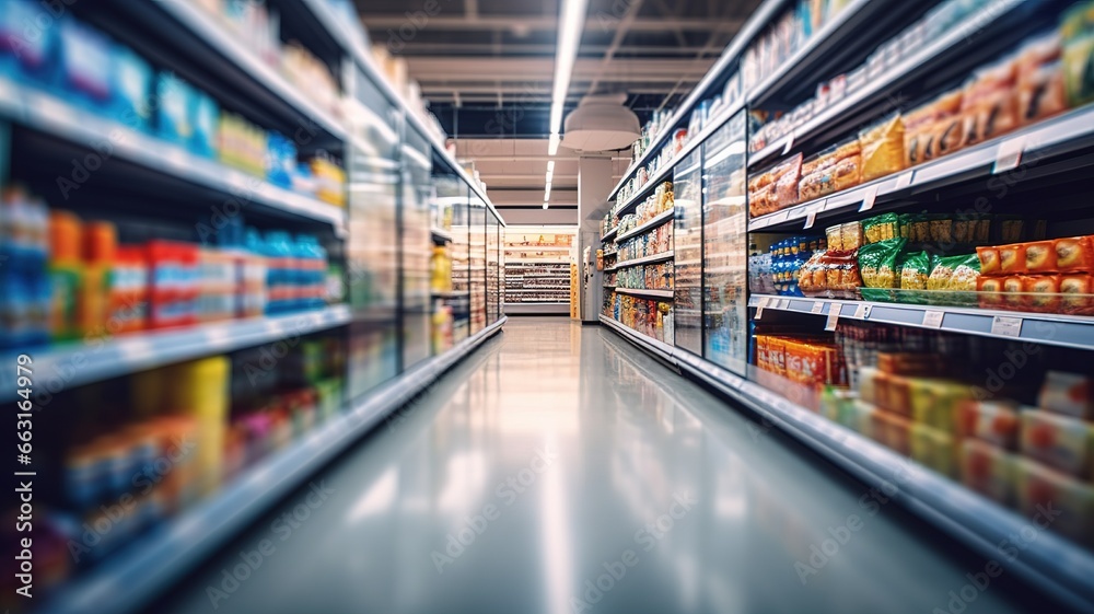 Blurred background grocery supermarket. shopping mall background, business concept copy space. Supermarket aisle and shelves blur background AI.