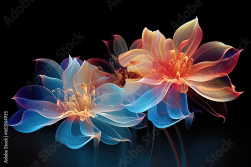 Abstract flowers on a black background. Digital painting. 3d rendering, Digital technology transparent colorful flowers abstract graphics, AI Generated