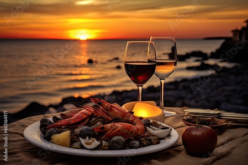 two glasses of red wine on the beach at sunset with shrimps, mussels and mussels, Dinner with seafood and red wine on the background of sea sunset, AI Generated