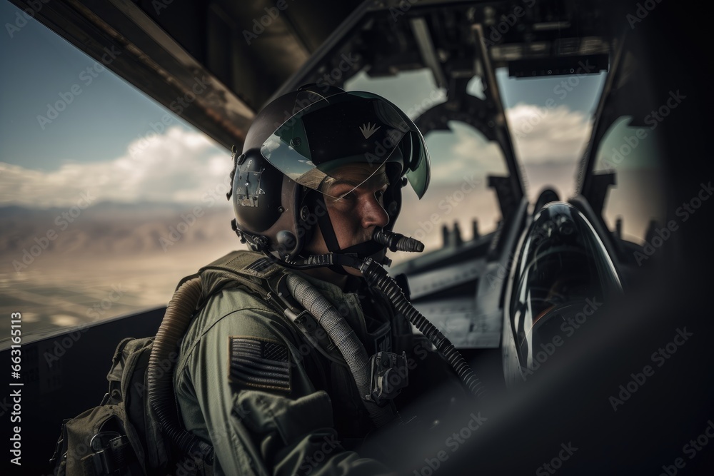 Portrait of a pilot in the cockpit of a military aircraft. A geared up fighter pilot sitting in an aircraft, AI Generated Portrait of a pilot in the cockpit of a military aircraft. A geared up fighter pilot sitting in an aircraft, AI Generated