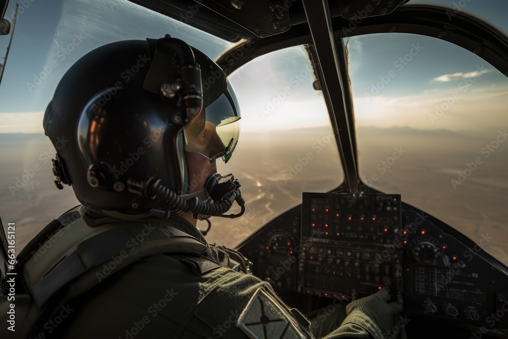Pilot in the cockpit of a helicopter flying over the clouds. A geared up fighter pilot sitting in an aircraft, AI Generated - obrazy, fototapety, plakaty 