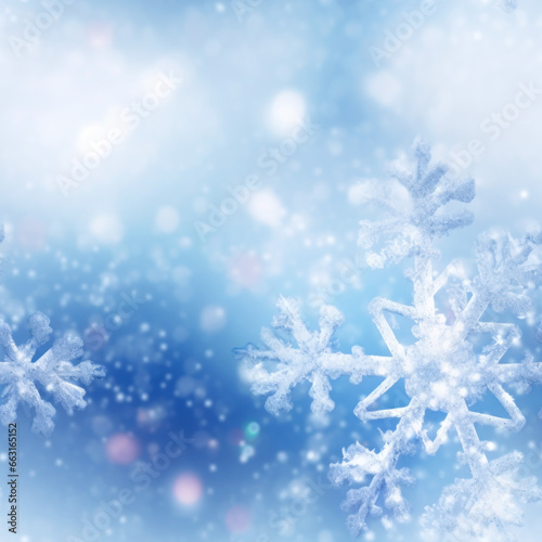 Winter Christmas seamless pattern with big snowflakes, snow, and bokeh lights