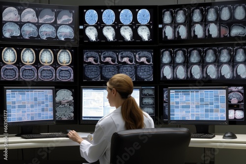 Female doctor looking at x-ray images of brain and spinal cord, A neuroscientist researching the human brain in multiple monitor, AI Generated photo